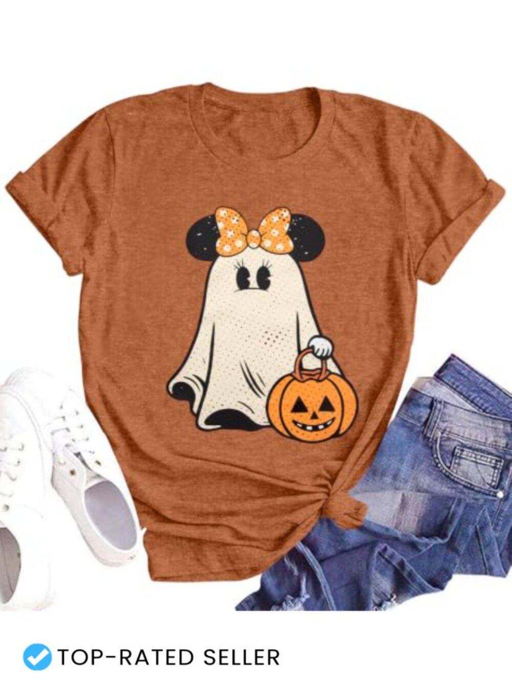 Ghost Graphic Tee Halloween Shirt Spooky Season Cotton Blend Womens Tops